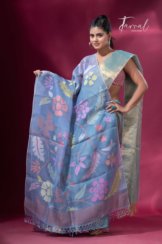 Handwoven Muslin Silk with Jamdani Dupatta in Blueish Grey
