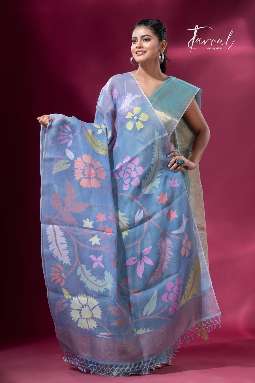 Handwoven Muslin Silk with Jamdani Dupatta in Blueish Grey full