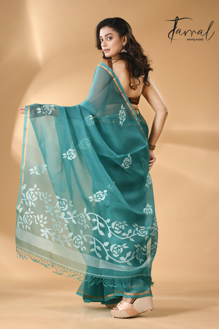 Handwoven needle work muslin silk jamdani saree with teal blue motifs back