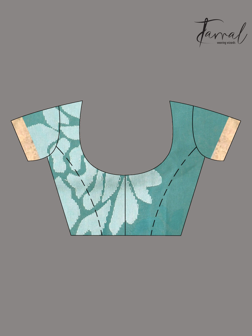 Handwoven needle work muslin silk jamdani saree with teal blue motifs blouse