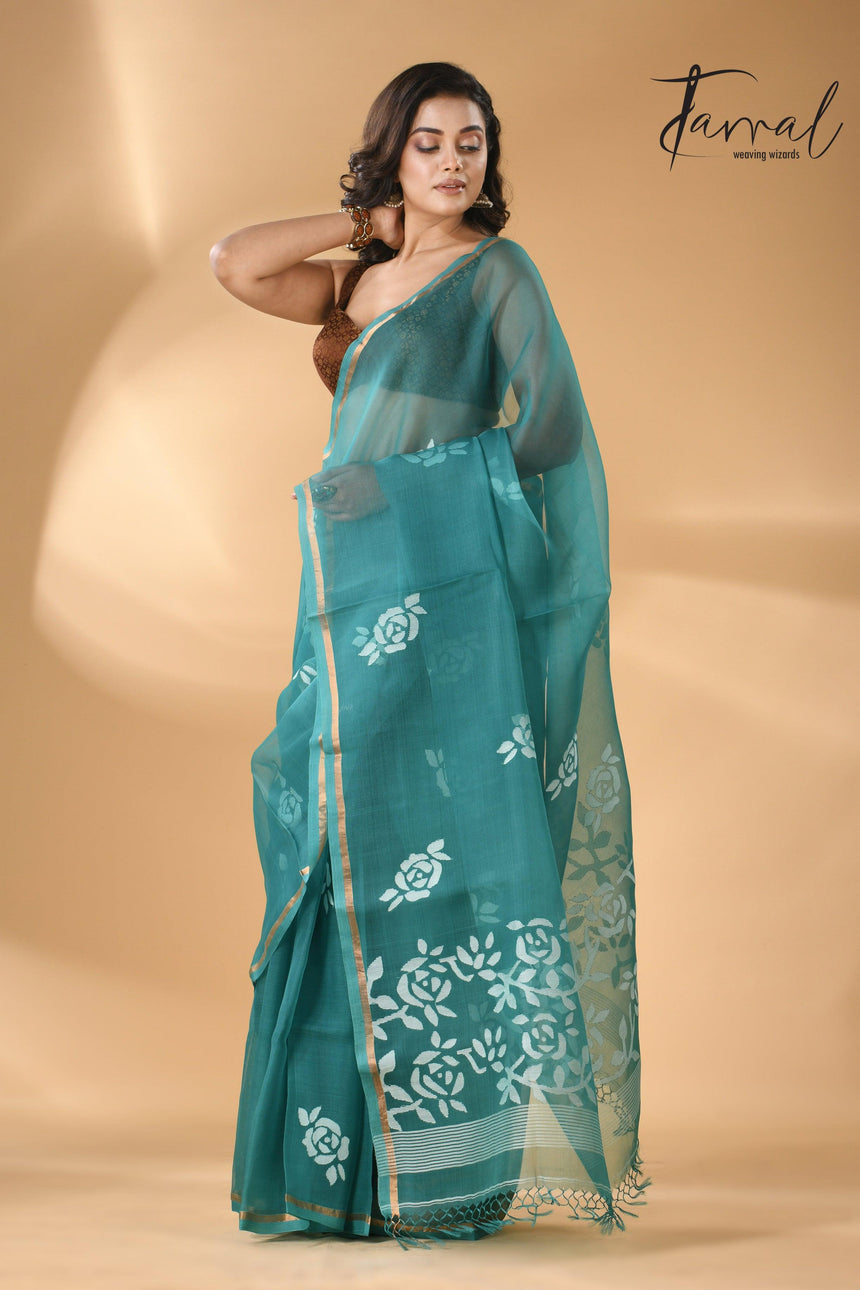 Handwoven needle work muslin silk jamdani saree with teal blue motifs full