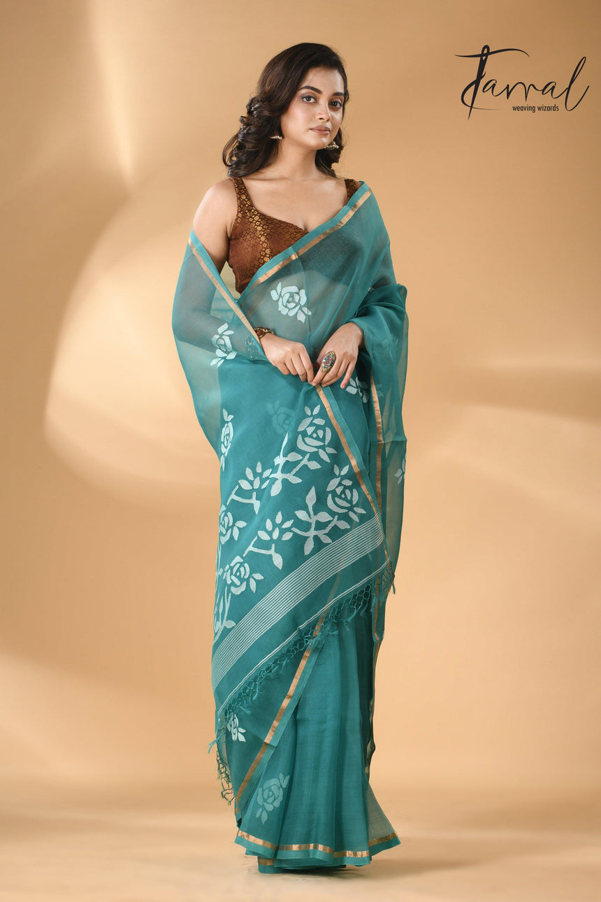 Handwoven needle work muslin silk jamdani saree with teal blue motifs right