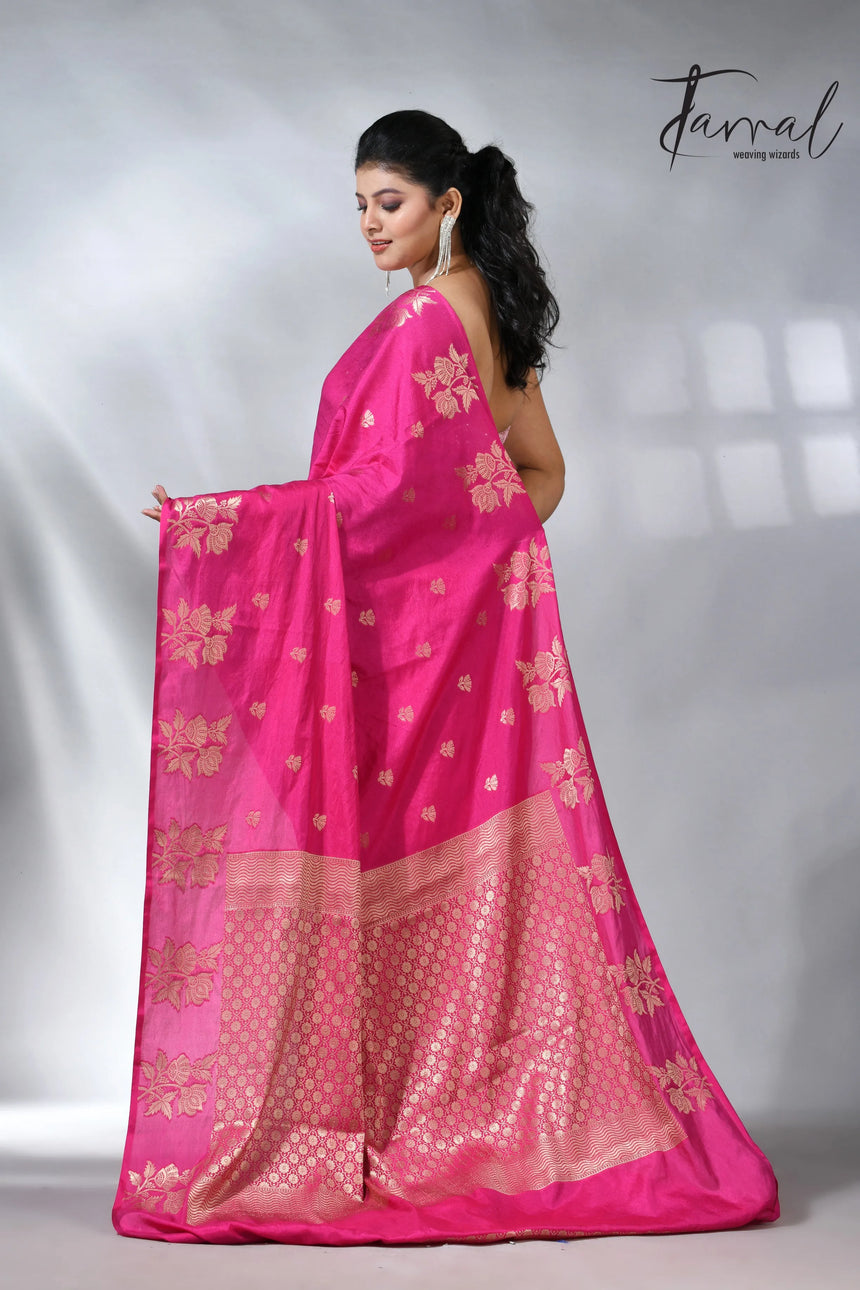 Hot Pink colour in the benarasi silk handloom jamdani saree