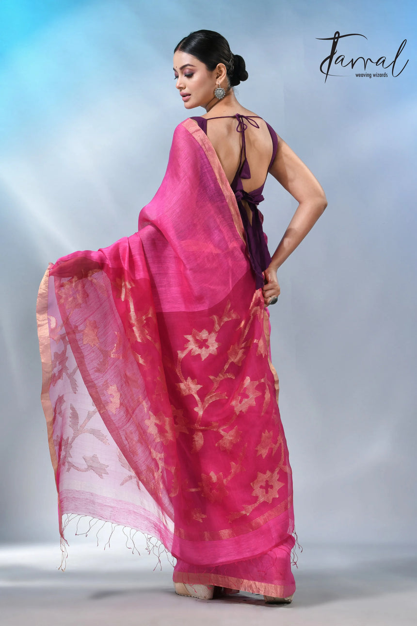 Hot Pink sunflower pallu silk linen handwoven jamdani saree