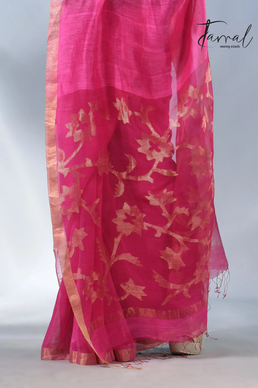Hot Pink sunflower pallu silk linen handwoven jamdani saree