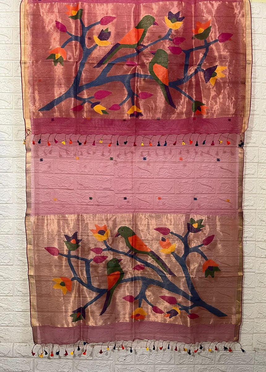 Hot pink paithani organza silk kurti & dupatta set - Tamal Boutique