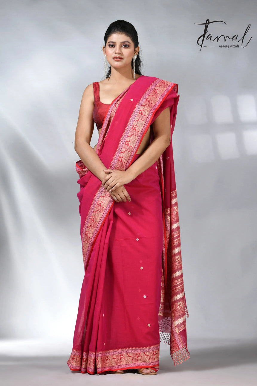 Hot pink colour pure cotton baluchuri design handloom saree