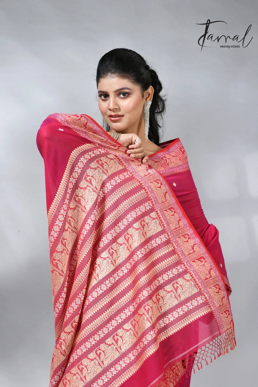 Hot pink colour pure cotton baluchuri design handloom saree