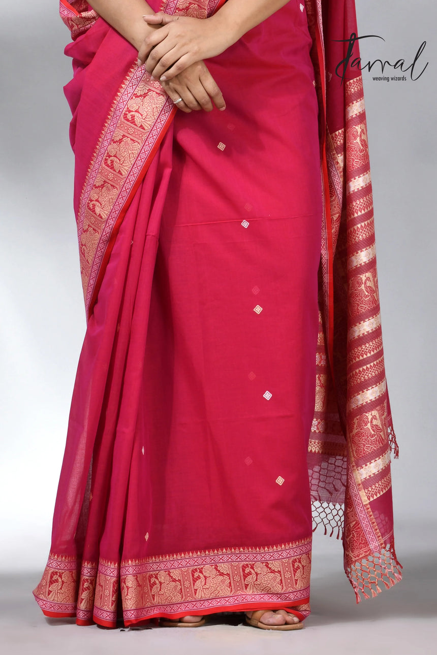Hot pink colour pure cotton baluchuri design handloom saree