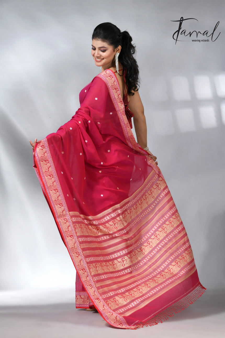 Hot pink colour pure cotton baluchuri design handloom saree
