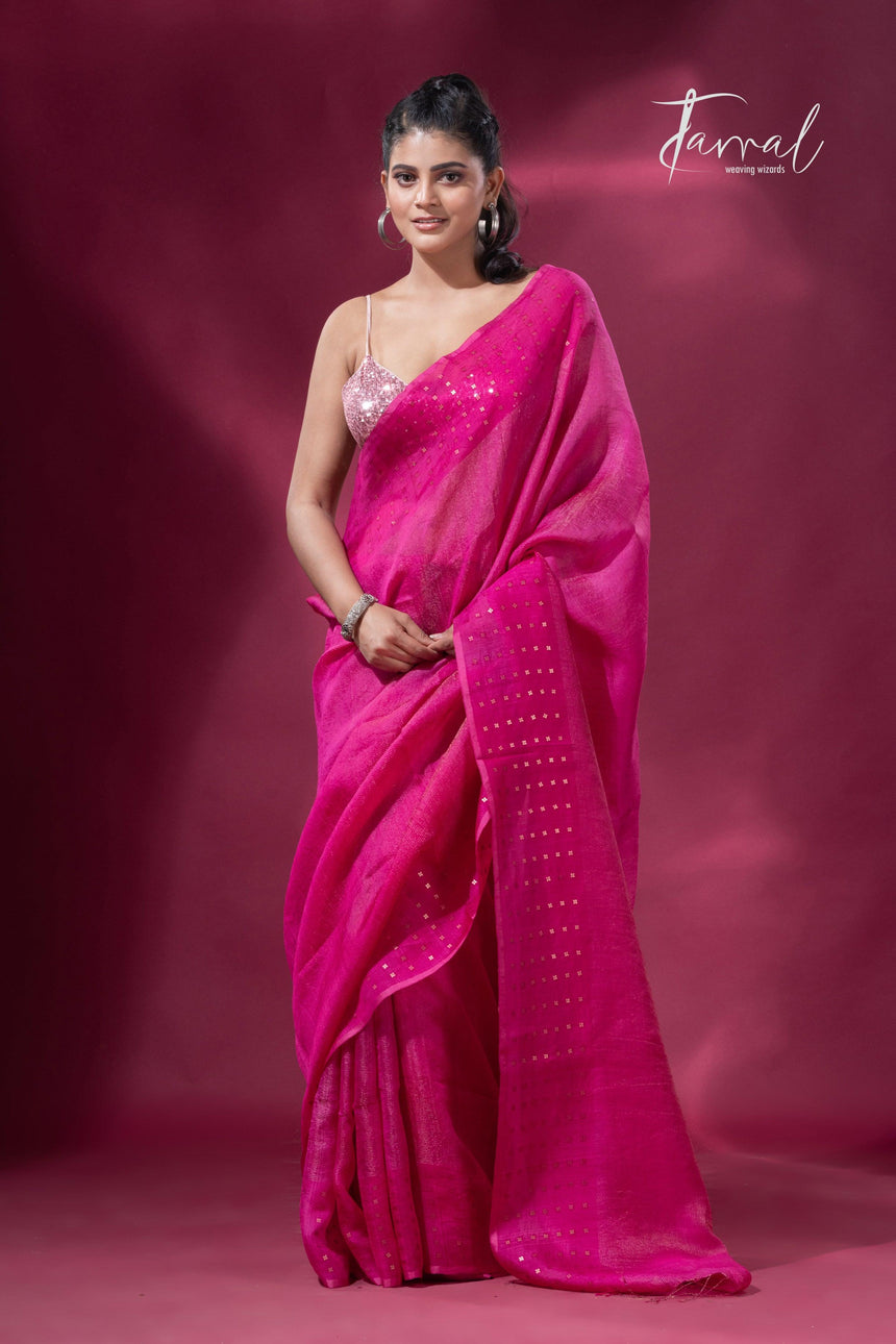Hot pink noil tussar zari silk handloom border sequins Saree - Tamal Boutique