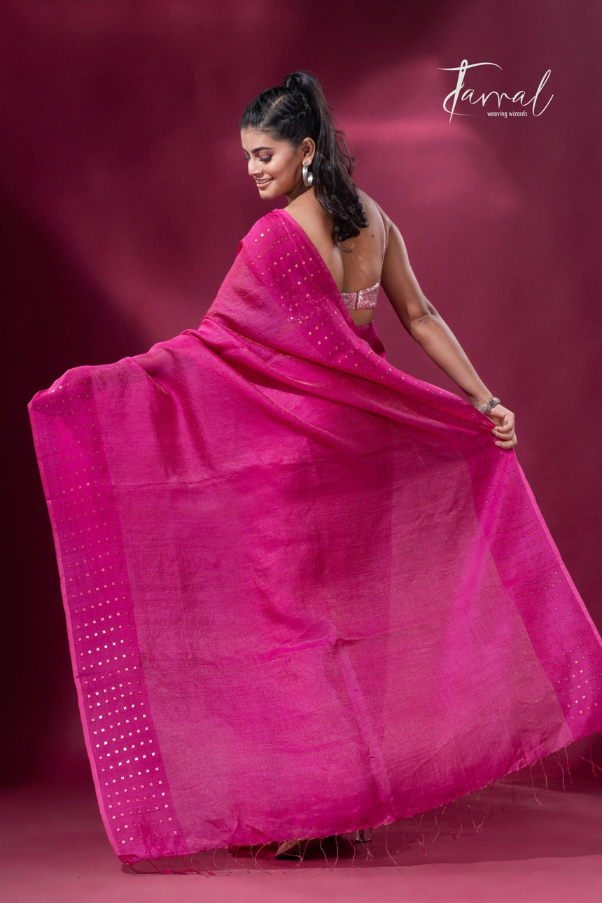 Hot pink noil tussar zari silk handloom border sequins Saree - Tamal Boutique