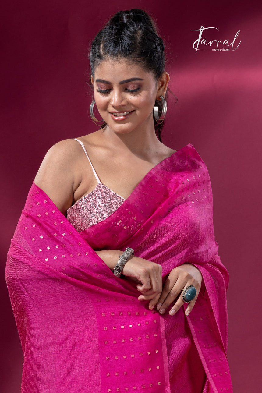 Hot pink noil tussar zari silk handloom border sequins Saree - Tamal Boutique