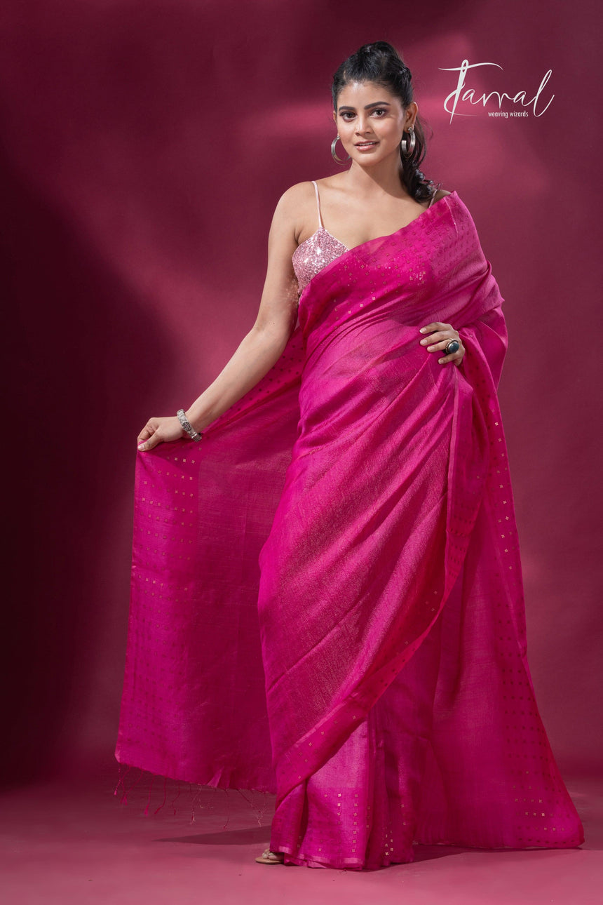 Hot pink noil tussar zari silk handloom border sequins Saree - Tamal Boutique
