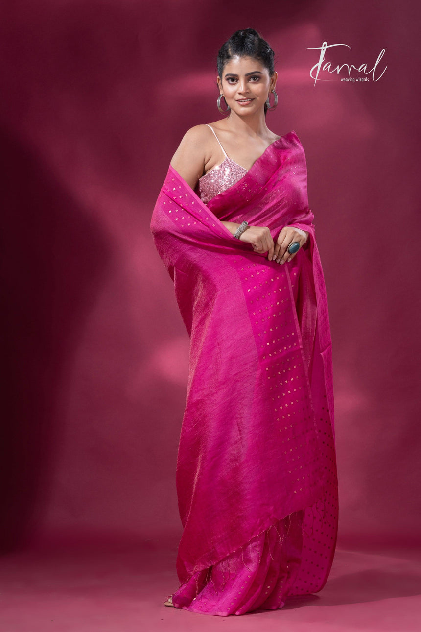 Hot pink noil tussar zari silk handloom border sequins Saree - Tamal Boutique
