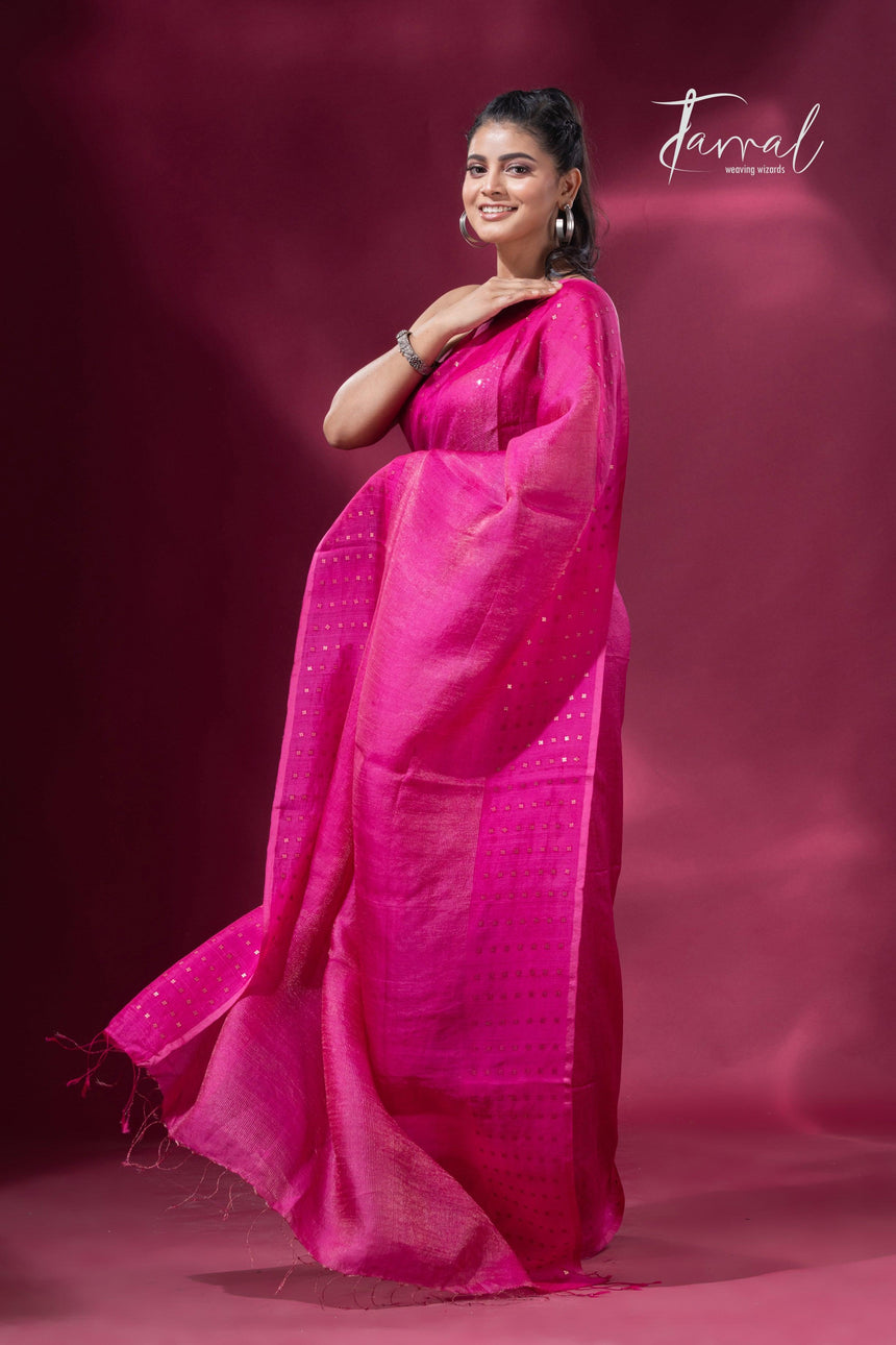 Hot pink noil tussar zari silk handloom border sequins Saree - Tamal Boutique