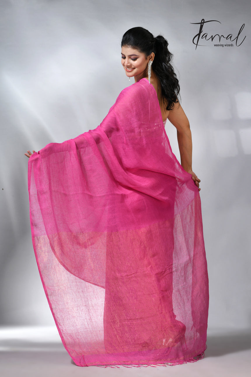 Hot pink with golden zari stripe pallu linen handloom saree