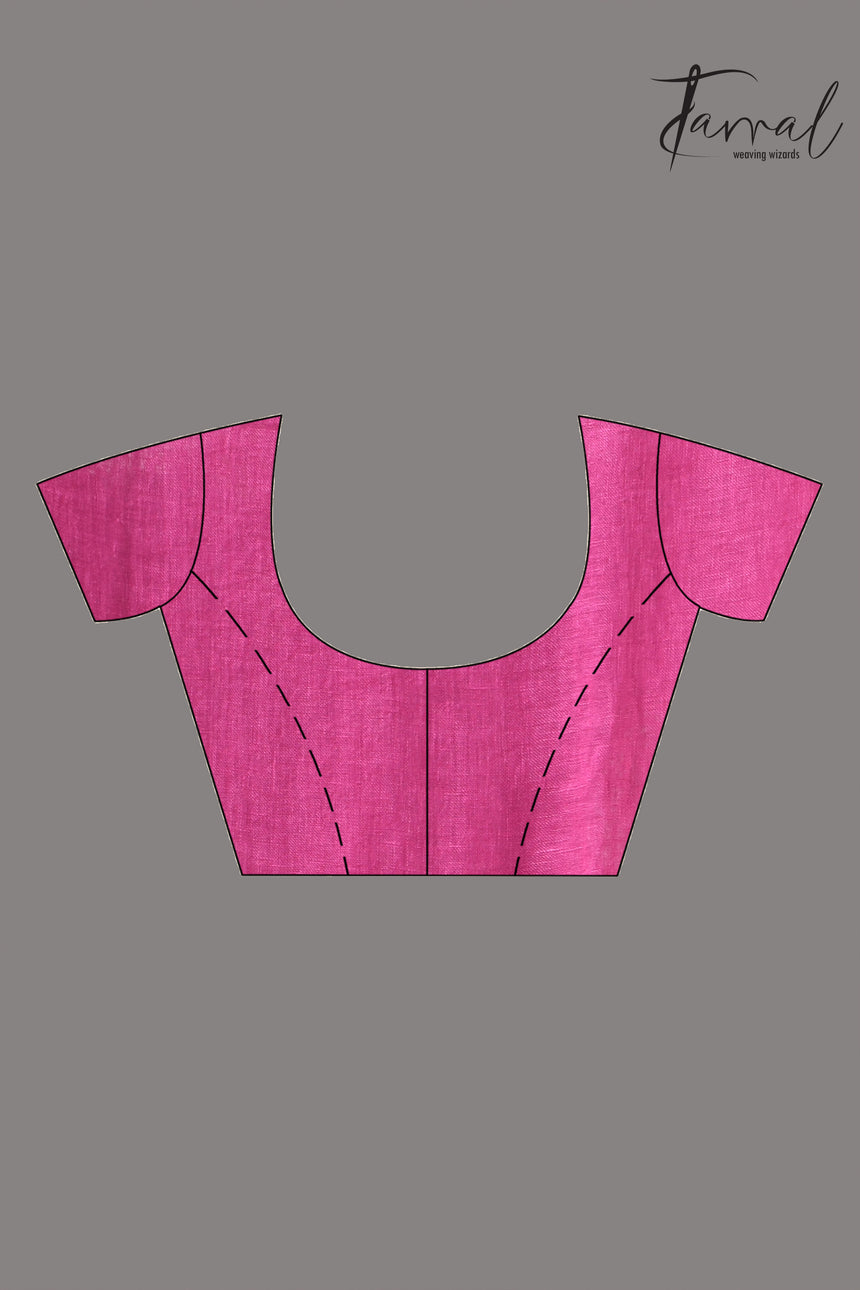 Hot pink with golden zari stripe pallu linen handloom saree