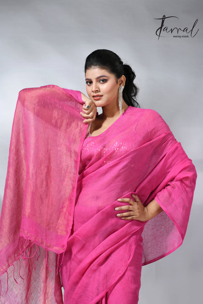 Hot pink with golden zari stripe pallu linen handloom saree