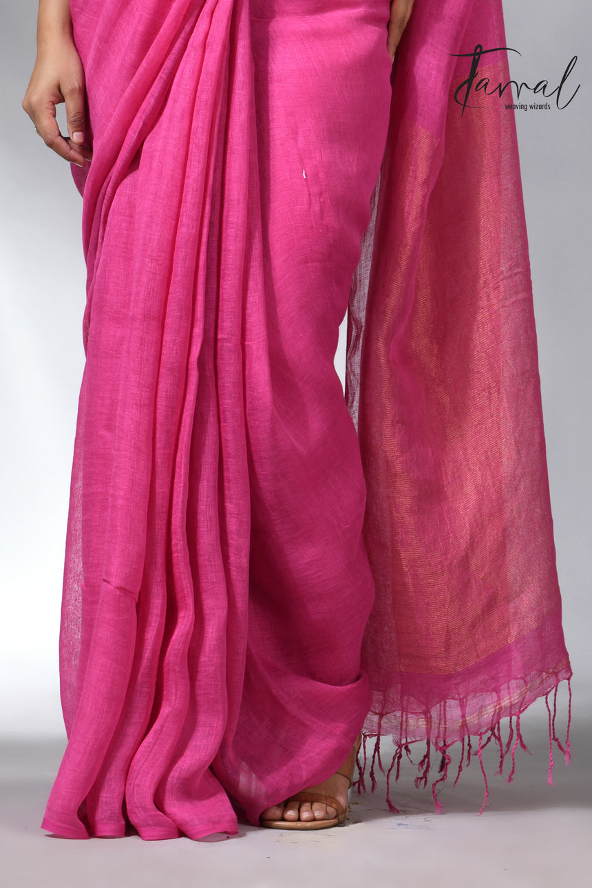 Hot pink with golden zari stripe pallu linen handloom saree