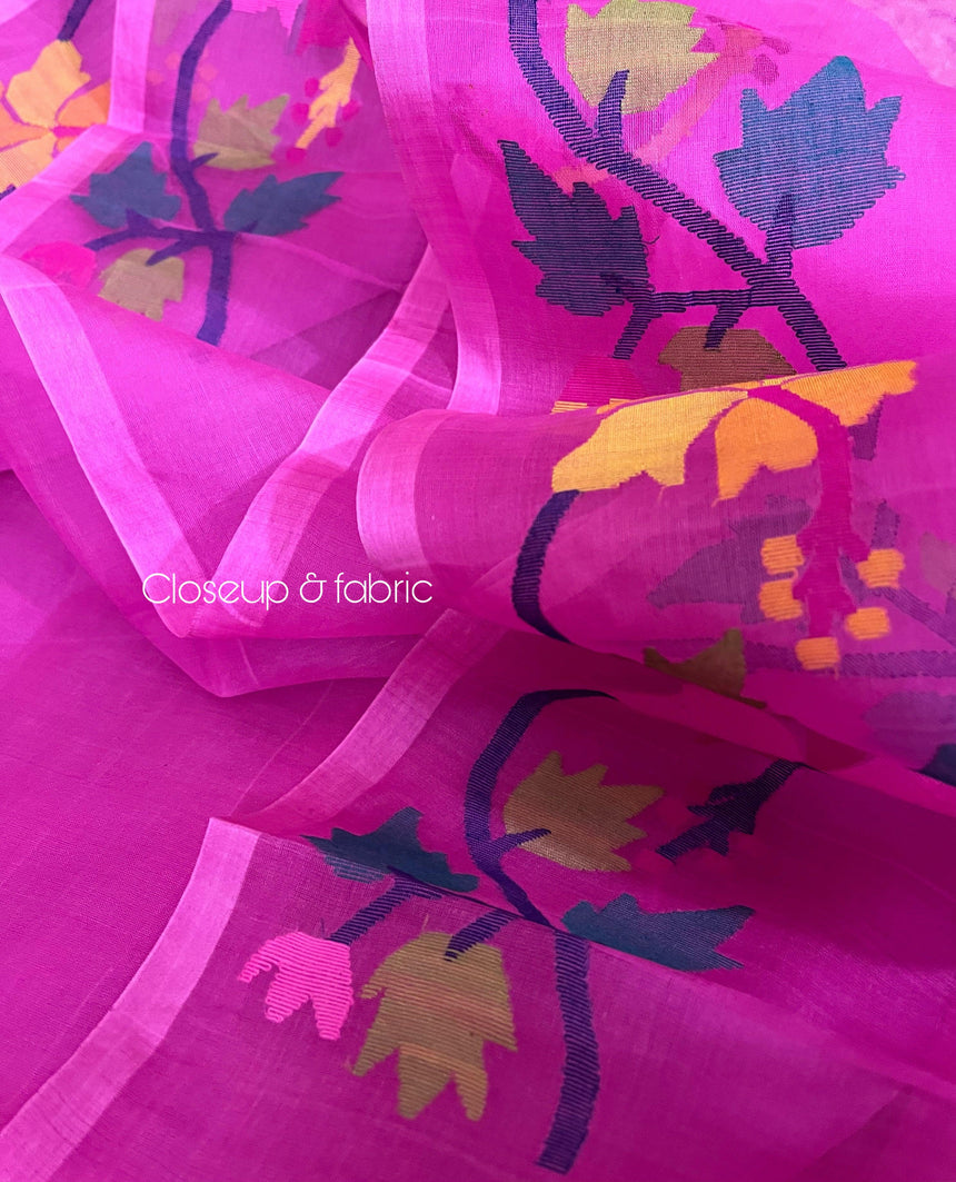 Hot pink with multi colour hibiscus handwoven muslin silk jamdani saree - Tamal Boutique