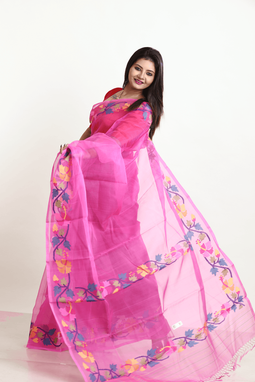 Hot pink with multi colour hibiscus handwoven muslin silk jamdani saree - Tamal Boutique