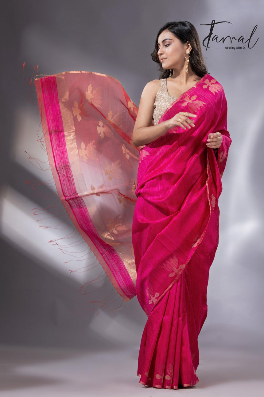 Hot pink with zari golden lotus matka silk handwoven jamdani saree - Tamal Boutique