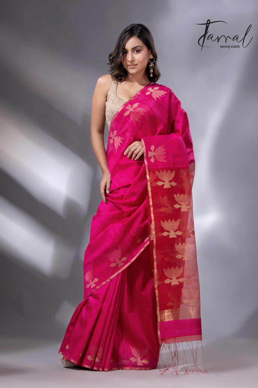 Hot pink with zari golden lotus matka silk handwoven jamdani saree - Tamal Boutique