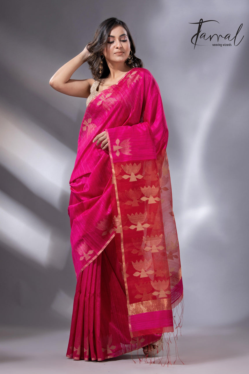 Hot pink with zari golden lotus matka silk handwoven jamdani saree - Tamal Boutique