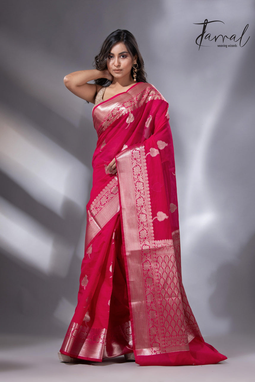 Hot pink with zari work organza silk leafy banarasi handloom saree