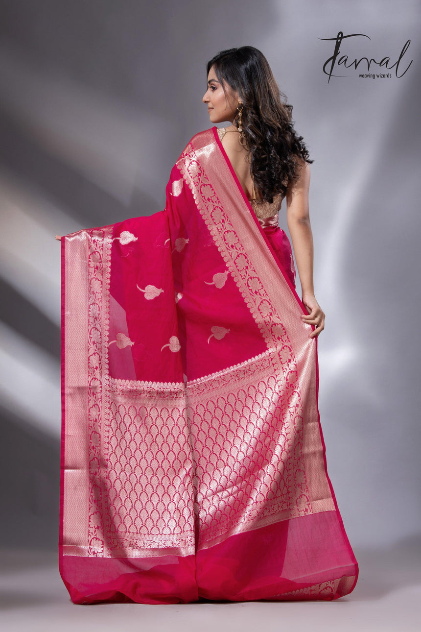 Hot pink with zari work organza silk leafy banarasi handloom saree back