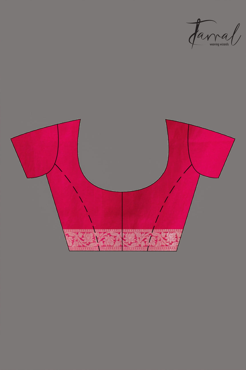 Hot pink with zari work organza silk leafy banarasi handloom saree blouse