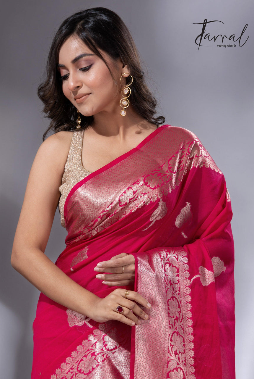 Hot pink with zari work organza silk leafy banarasi handloom saree cls