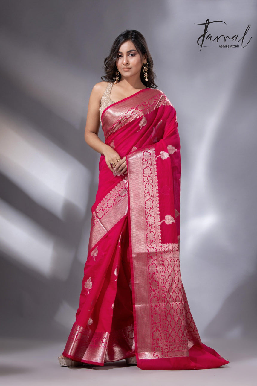 Hot pink with zari work organza silk leafy banarasi handloom saree cls4