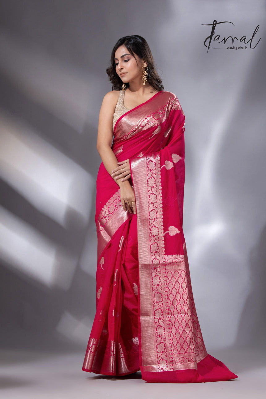 Hot pink with zari work organza silk leafy banarasi handloom saree full4