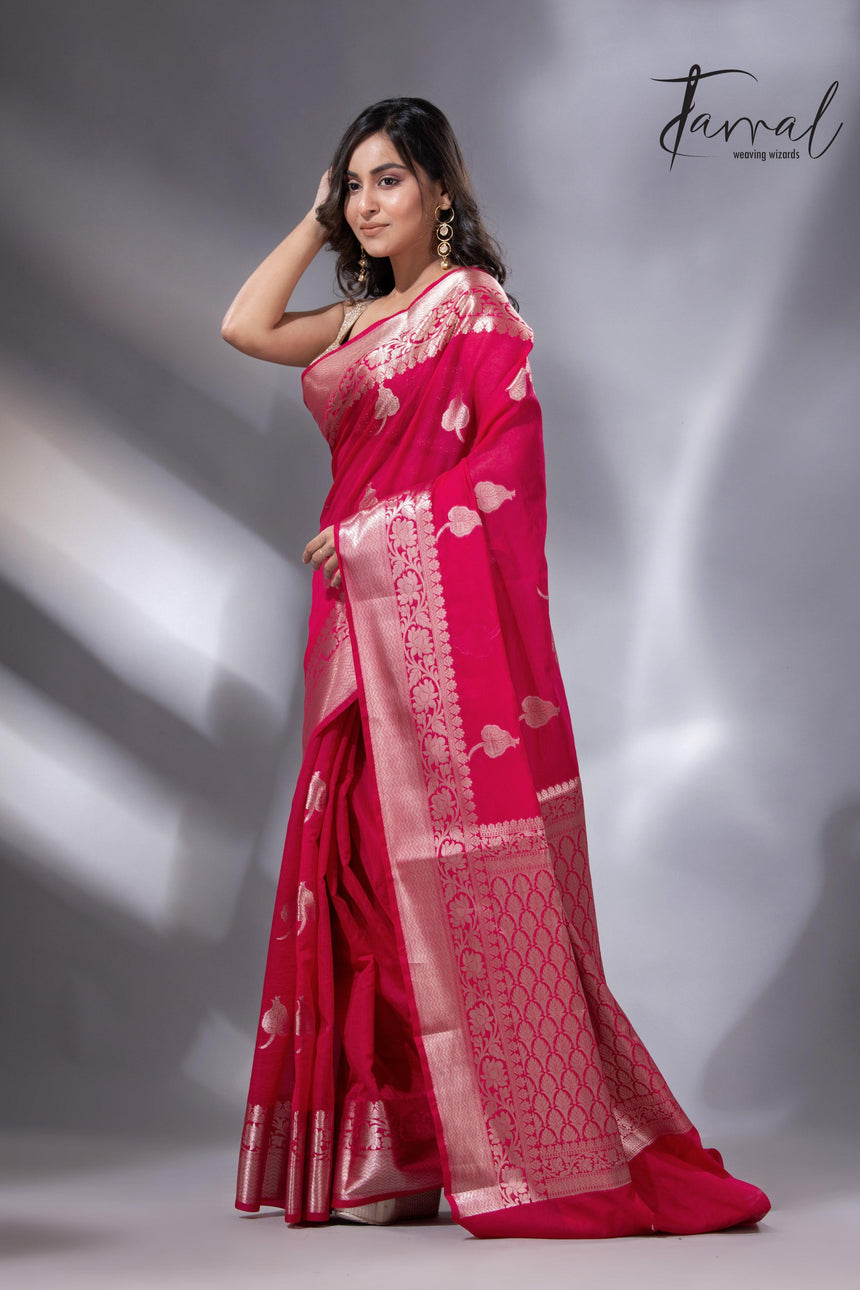 Hot pink with zari work organza silk leafy banarasi handloom saree left