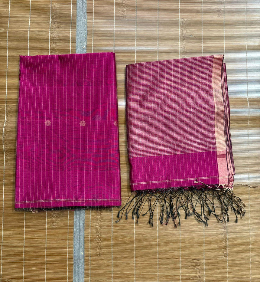 Hot pink with zari border silk cotton handwoven jamdani kurti & dupatta set - Tamal Boutique