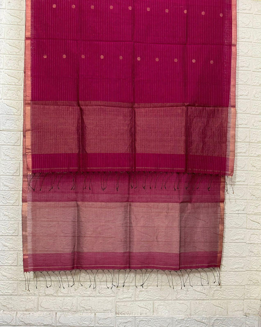 Hot pink with zari border silk cotton handwoven jamdani kurti & dupatta set - Tamal Boutique