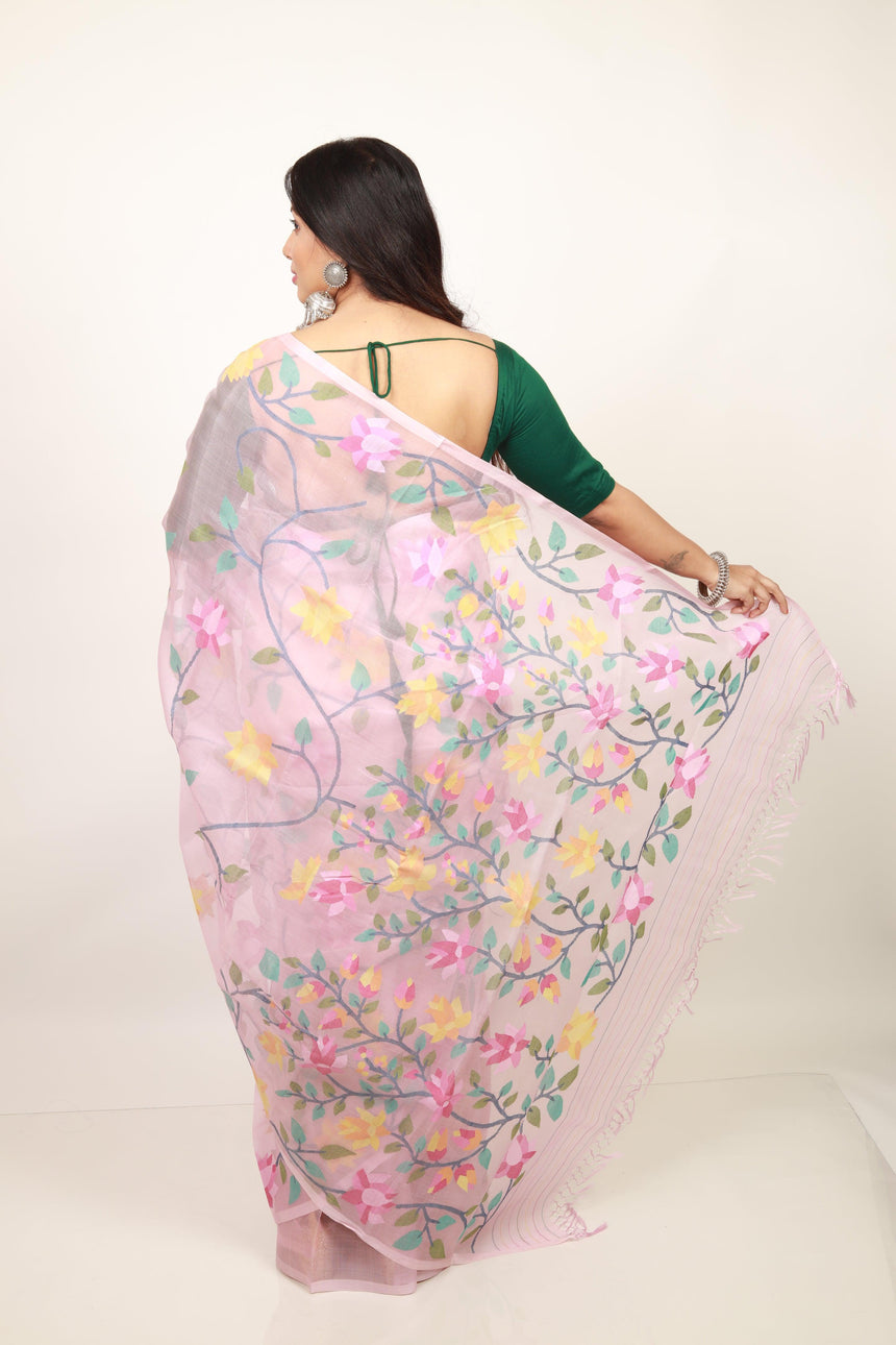 Light pink with multicolour 108 lotus motifs handwoven muslin silk jamdani saree - Tamal Boutique