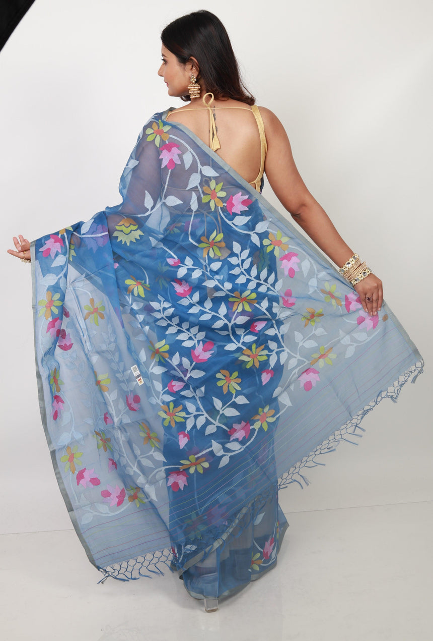 Blue With Multicolour Allover Floral Handwoven Jamdani Saree In Muslin Silk - Tamal Boutique