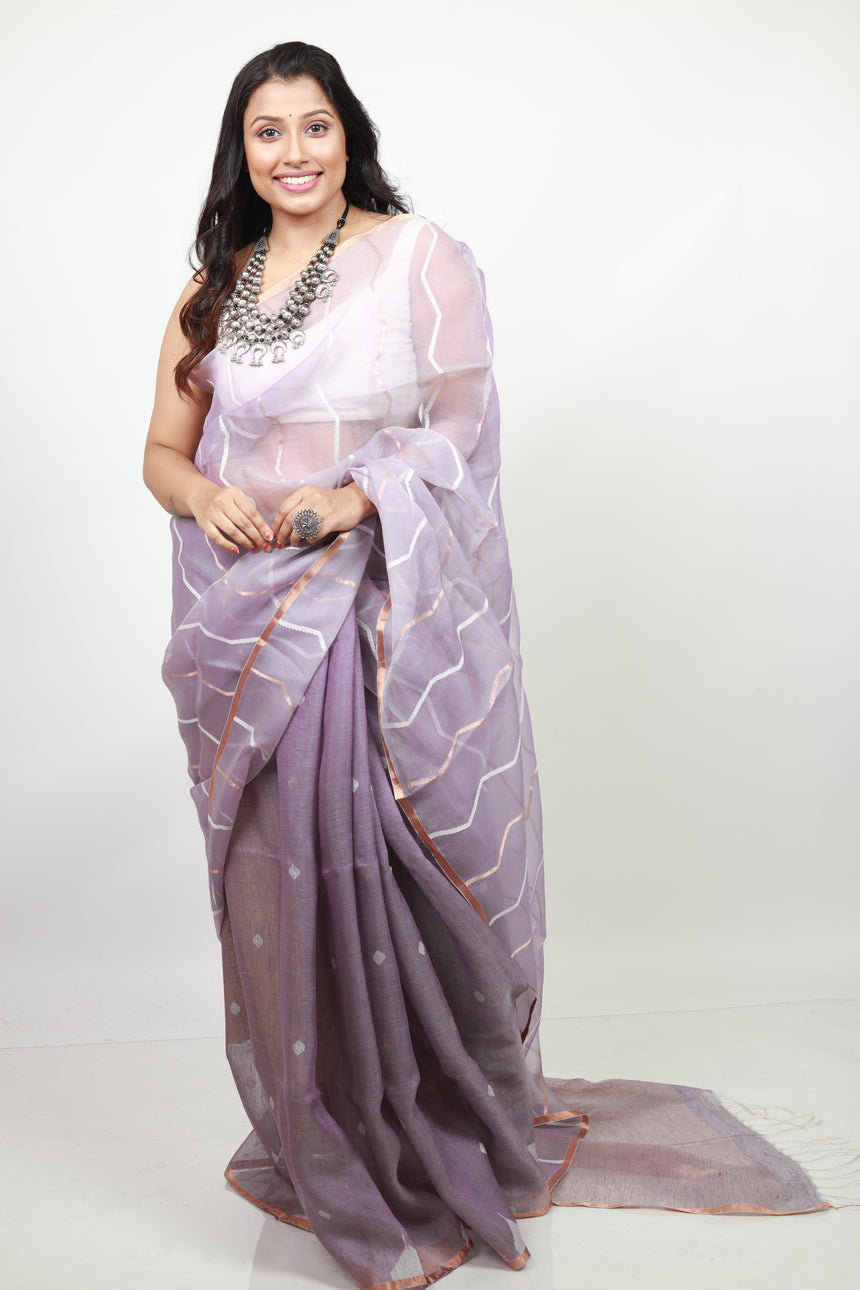 Lavender colour half silk & half linen temple border handwoven jamdani saree - Tamal Boutique