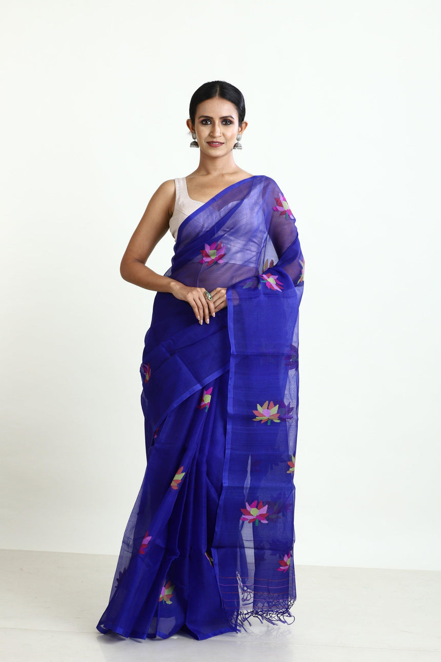 Royal blue with multi colour lotus motifs handwoven jamadani silk saree - Tamal Boutique