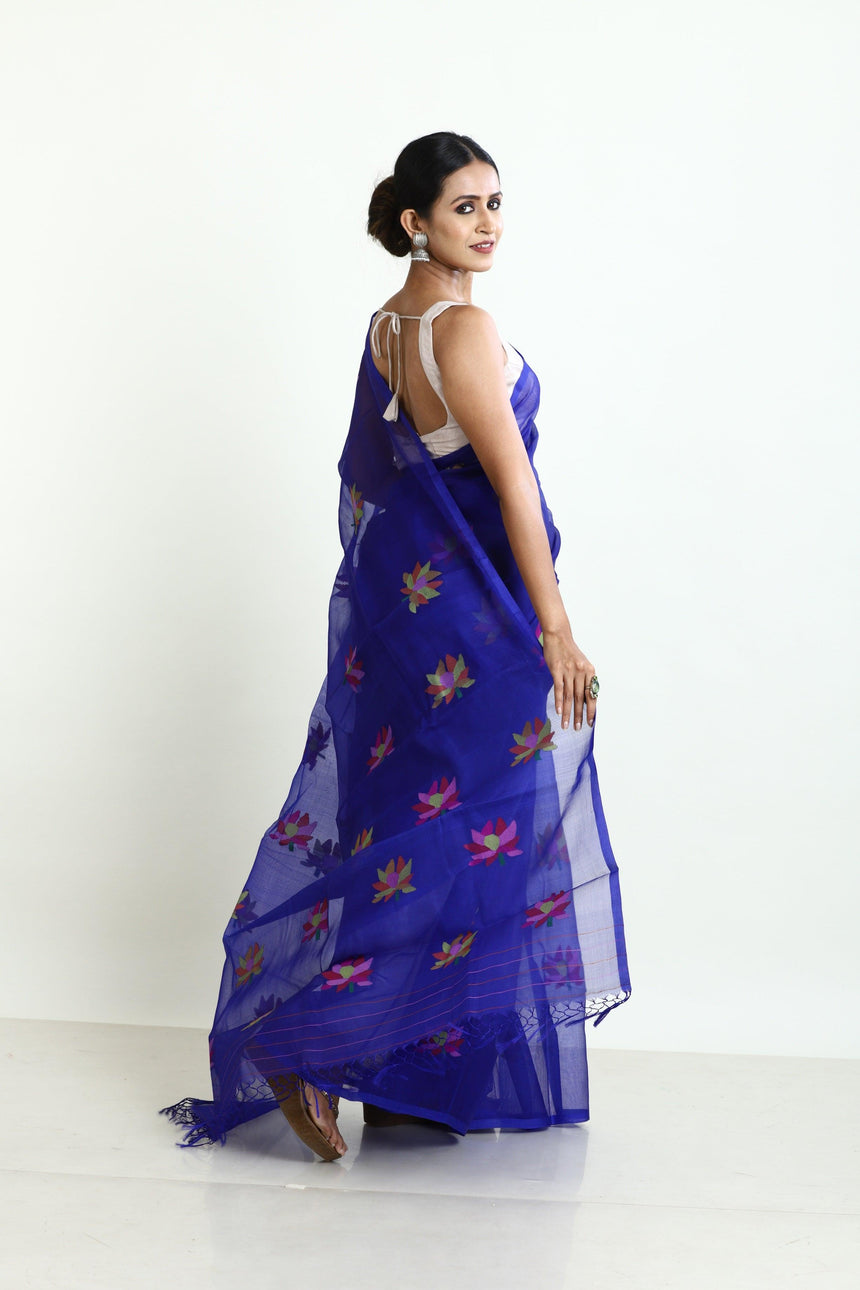 Royal blue with multi colour lotus motifs handwoven jamadani silk saree - Tamal Boutique