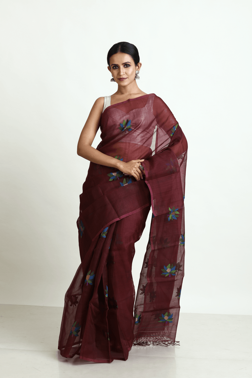 Chocolate Brown with multi colour lotus motifs handwoven jamadani silk saree - Tamal Boutique