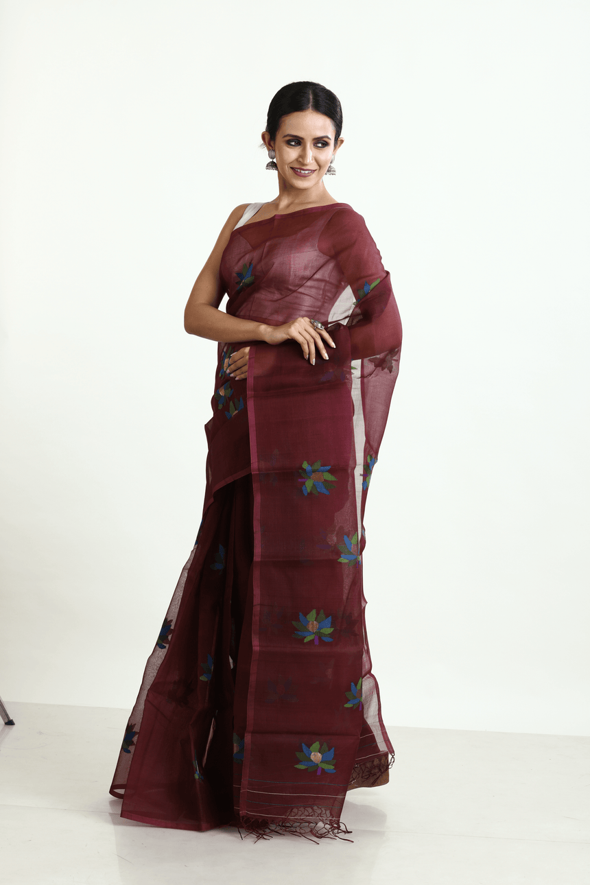 Chocolate Brown with multi colour lotus motifs handwoven jamadani silk saree - Tamal Boutique