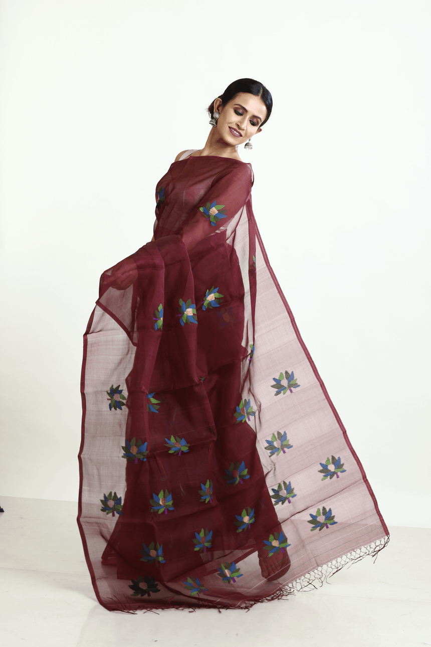 Chocolate Brown with multi colour lotus motifs handwoven jamadani silk saree - Tamal Boutique