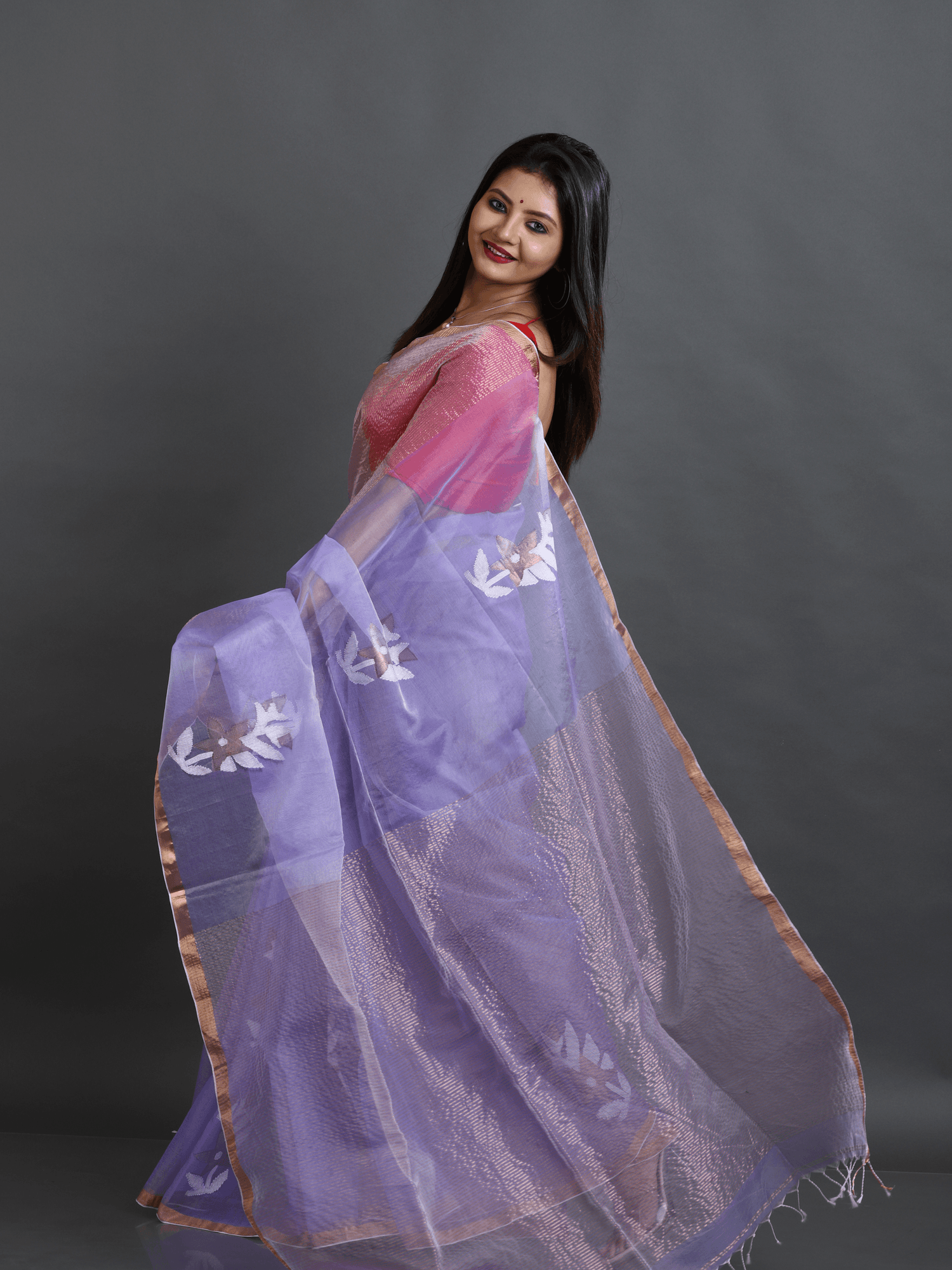 Lilac Organza silk Stripe With Floral buta handwoven jamdani saree - Tamal Boutique