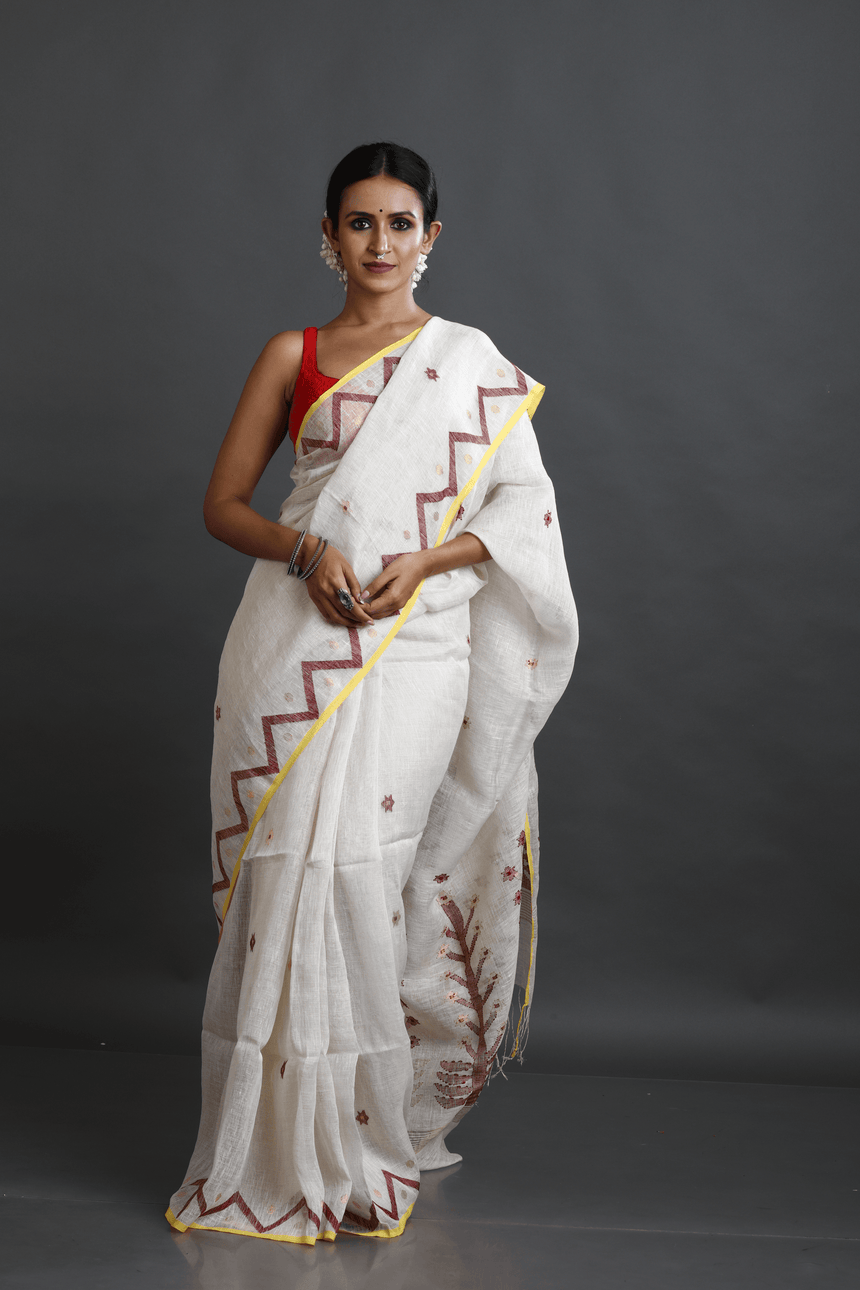 Offwhite with yellow border pure linen handwoven jamdani saree - Tamal Boutique