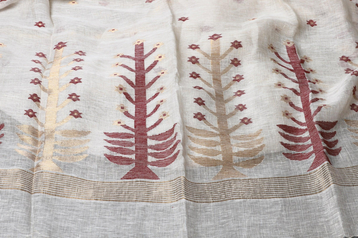 Offwhite with yellow border pure linen handwoven jamdani saree - Tamal Boutique