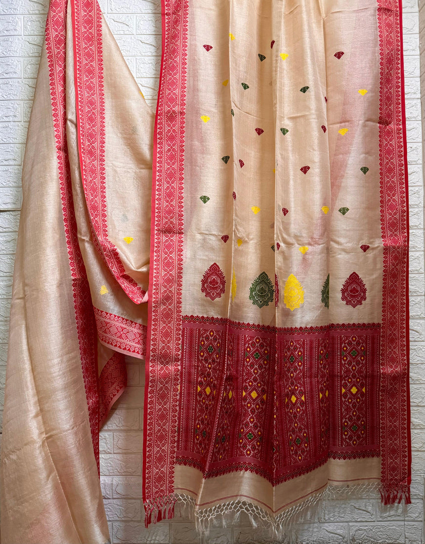 Muga with red border tussar silk handloom jamdani saree - Tamal Boutique